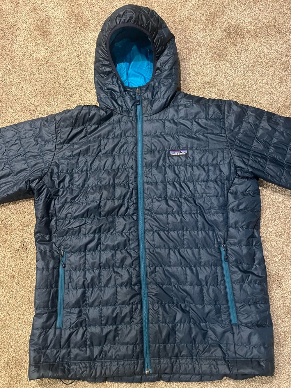Large Navy Blue Patagonia Nano Puff Hoody with light blue accents - Picture 2 of 7